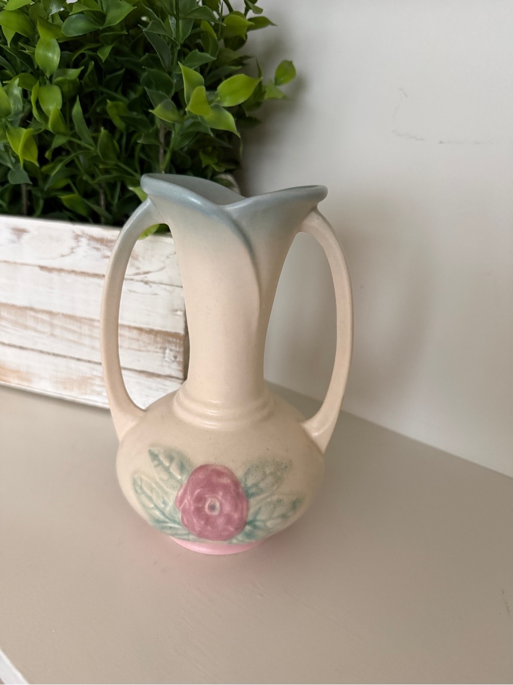 Hull Art Pottery Pink/Yellow Open Rose Pattern Double Handle Vase  USA Vintage